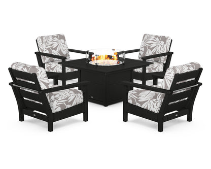 POLYWOOD® Harbour 5-Piece Conversation Set with Fire Pit Table in Black / Leaf Grey Mist
