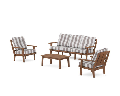 POLYWOOD® Mission 4-Piece Deep Seating Set with Sofa in Teak / Cabana Stripe Grey Mist