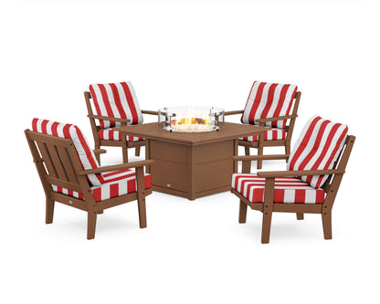 POLYWOOD® Oxford 5-Piece Deep Seating Set with Fire Pit Table in Teak / Cabana Stripe Crimson