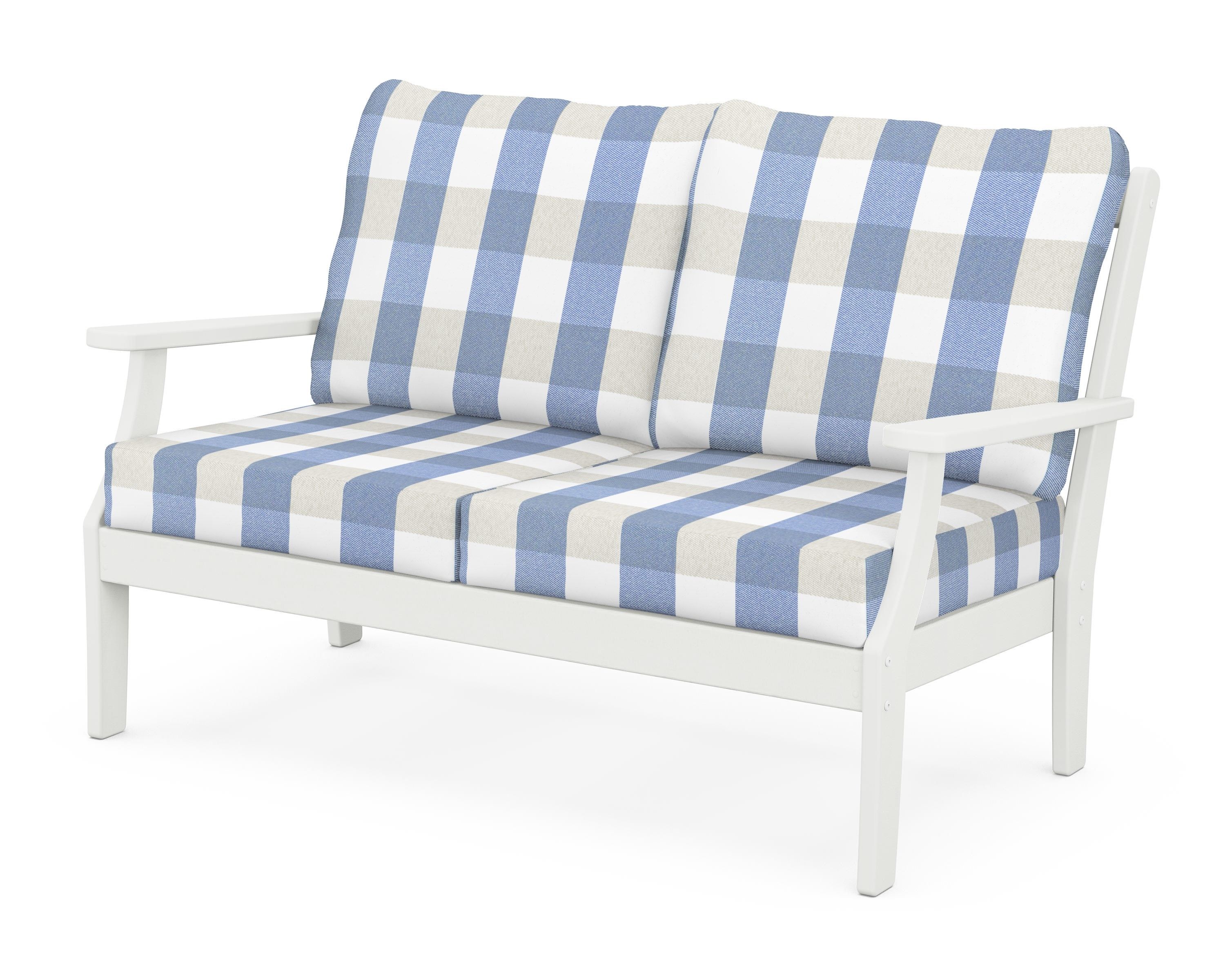 POLYWOOD® Braxton Deep Seating Loveseat in Vintage White / Buffalo Plaid Sky Blue