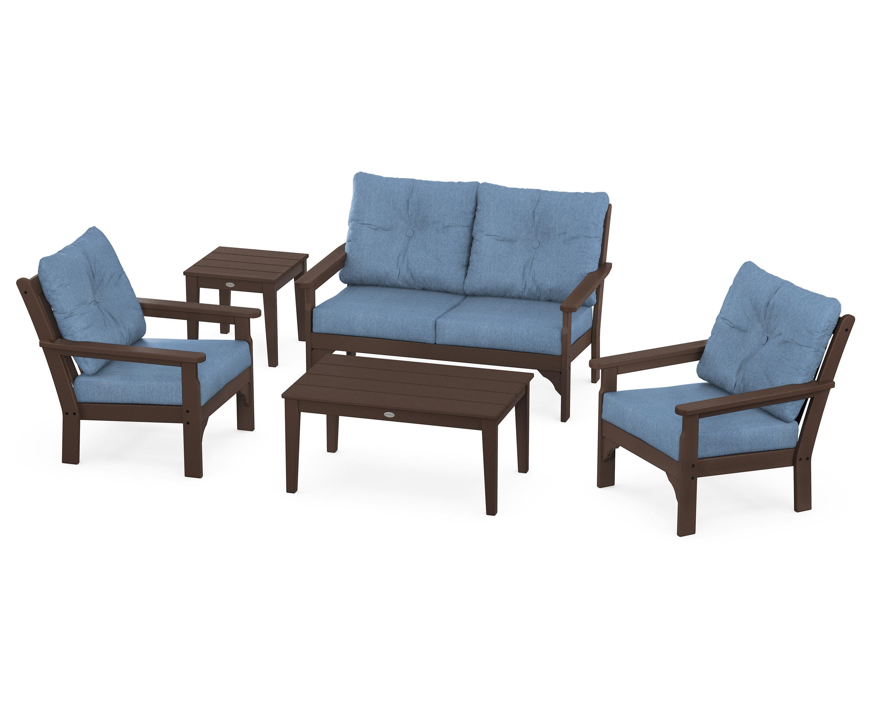 POLYWOOD® Vineyard 5-Piece Deep Seating Set in Mahogany / Sky Blue