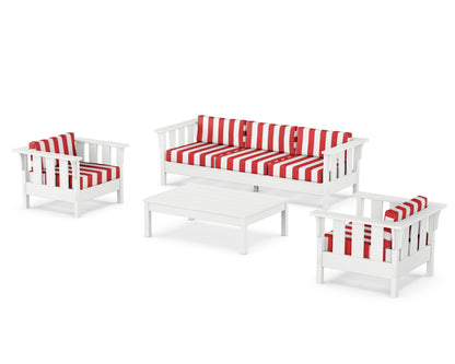 Martha Stewart by POLYWOOD® Acadia 4-Piece Deep Seating Set with Sofa in White / Cabana Stripe Crimson