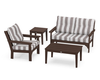 POLYWOOD® Vineyard 4-Piece Deep Seating Set in Mahogany / Cabana Stripe Grey Mist