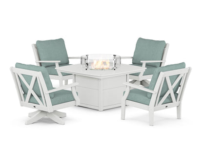 POLYWOOD® Braxton 5-Piece Deep Seating Set with Fire Table in White / Glacier Spa