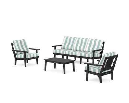 POLYWOOD® Prairie 4-Piece Deep Seating Set with Sofa in Black / Cabana Stripe Glacier Spa