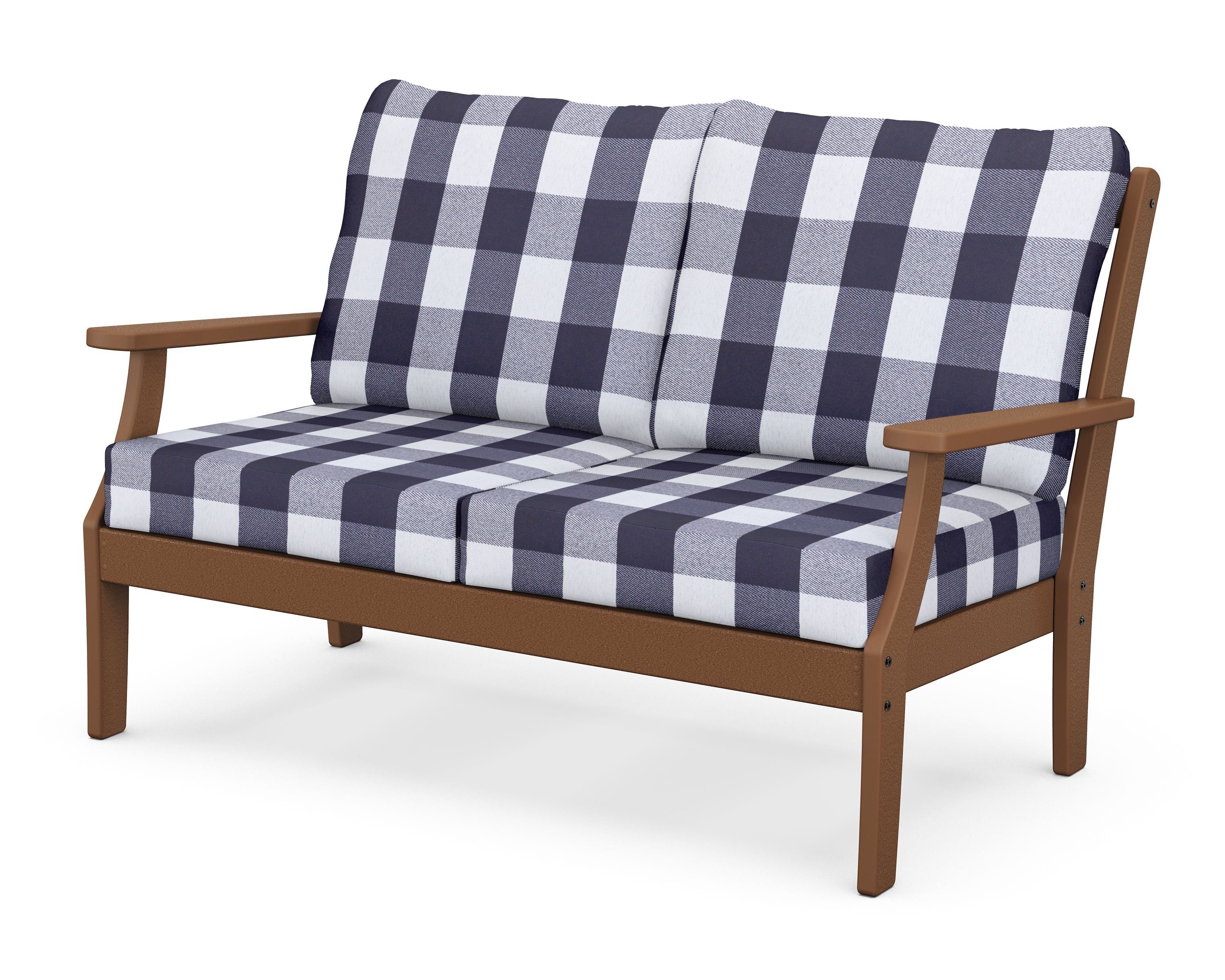 POLYWOOD® Braxton Deep Seating Loveseat in Teak / Buffalo Plaid Navy