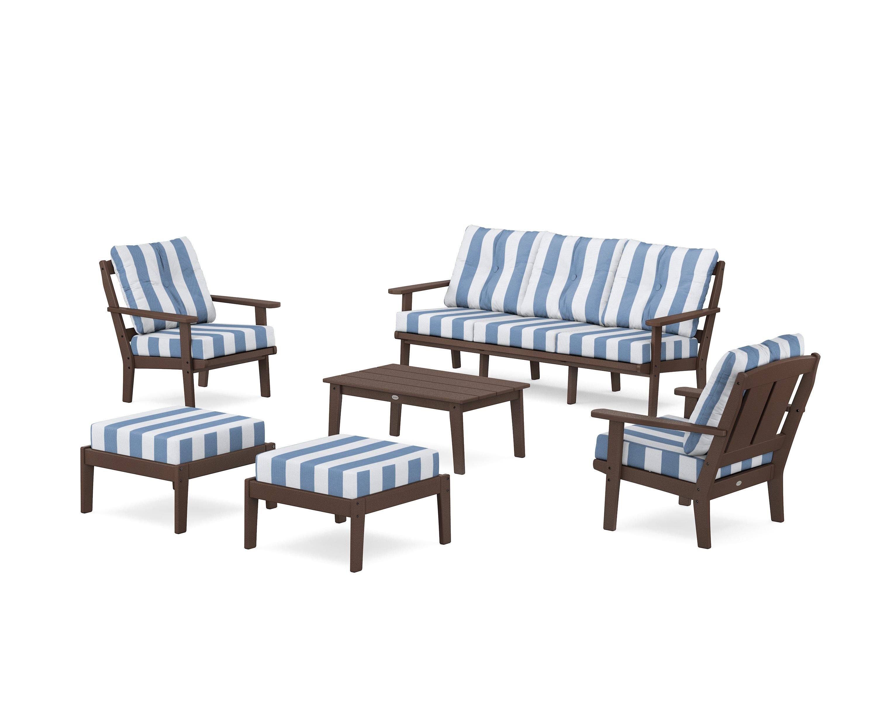 POLYWOOD® Mission 6-Piece Lounge Sofa Set in Mahogany / Cabana Stripe Sky Blue