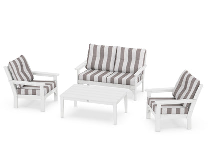 POLYWOOD® Vineyard 4-Piece Deep Seating Set in White / Cabana Stripe Grey Mist