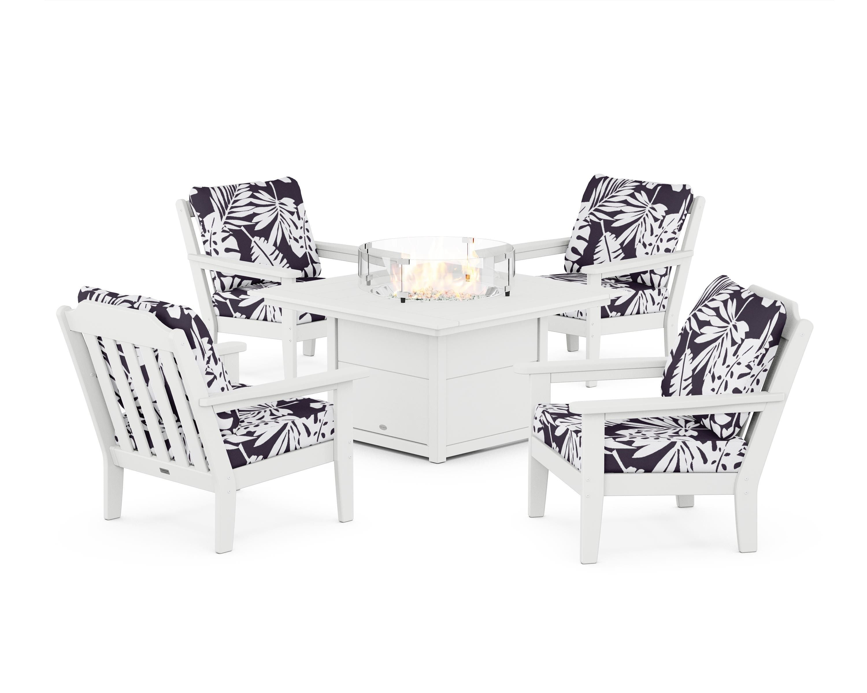 Country Living Cottage 5-Piece Deep Seating Set with Fire Pit Table in White / Leaf Navy