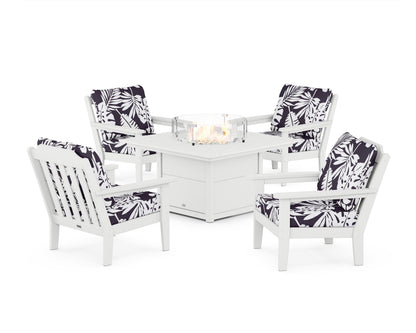 Country Living Cottage 5-Piece Deep Seating Set with Fire Pit Table in White / Leaf Navy