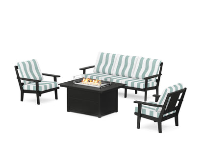 POLYWOOD® Prairie Deep Seating Fire Pit Table Set in Black / Cabana Stripe Glacier Spa