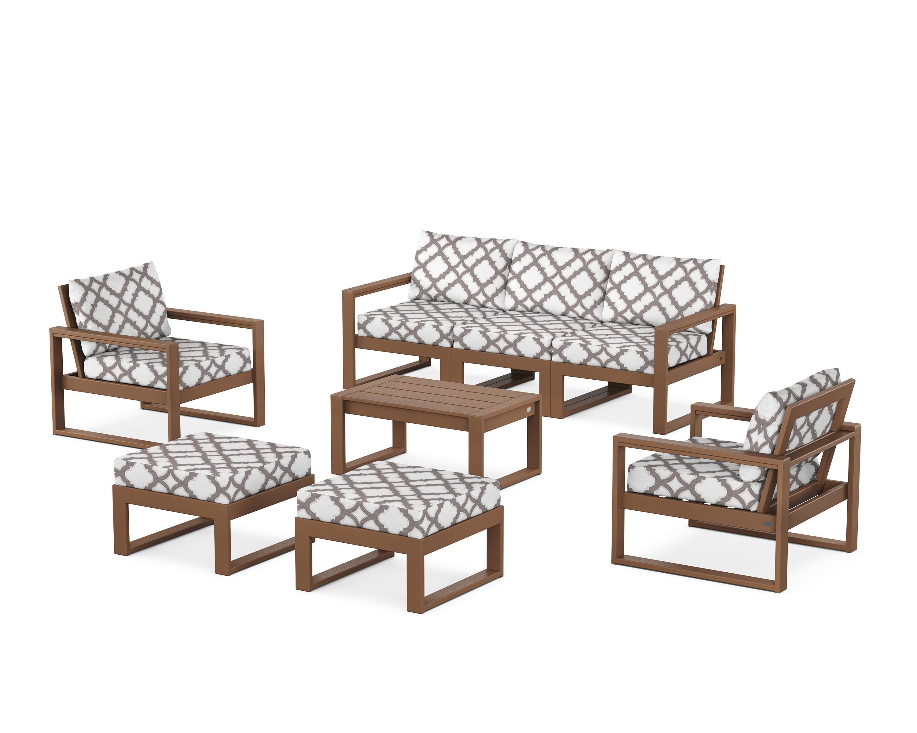 POLYWOOD® EDGE Sectional 8-Piece Lounge Sofa Set in Teak / Trellis Grey Mist