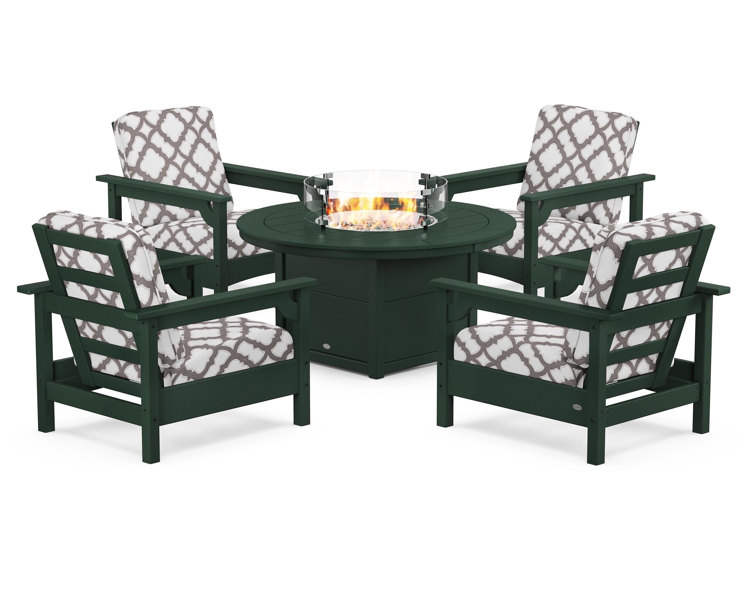POLYWOOD® Club 5-Piece Conversation Set with Fire Pit Table in Green / Trellis Grey Mist