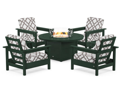 POLYWOOD® Club 5-Piece Conversation Set with Fire Pit Table in Green / Trellis Grey Mist