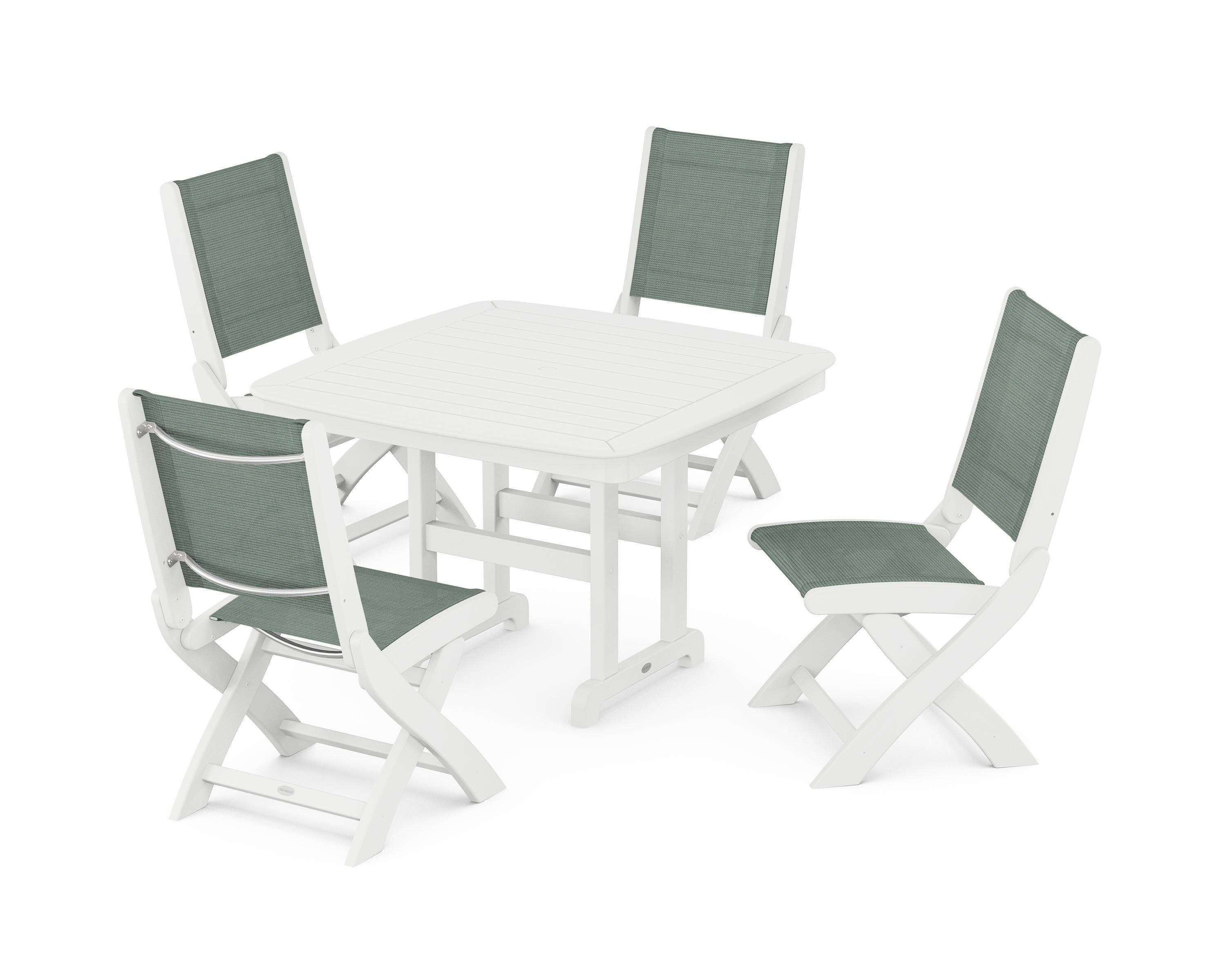 POLYWOOD® Coastal Folding Side Chair 5-Piece Dining Set in White / Dupioni Sea Mist Sling