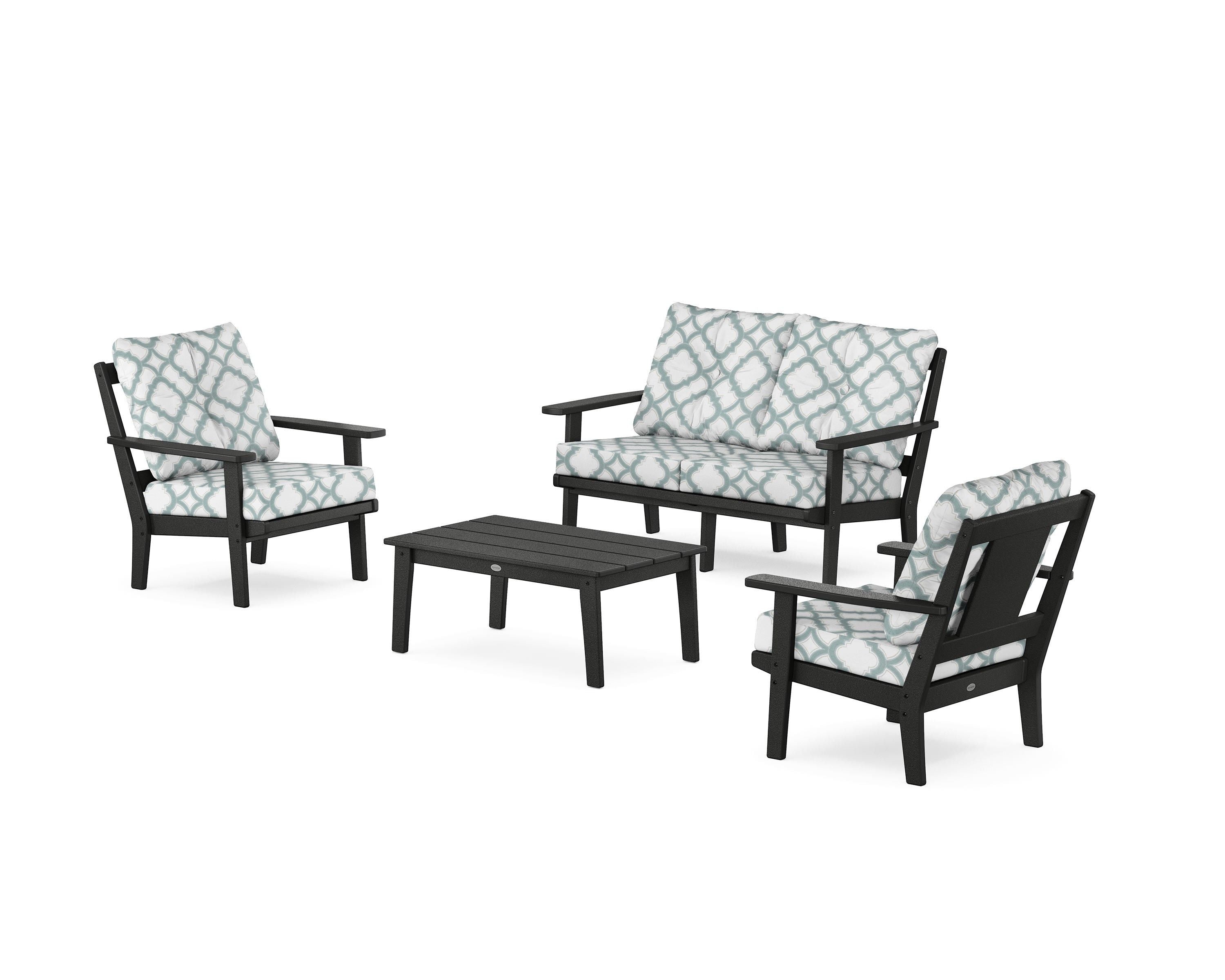 POLYWOOD® Prairie 4-Piece Deep Seating Set with Loveseat in Black / Trellis Glacier Spa