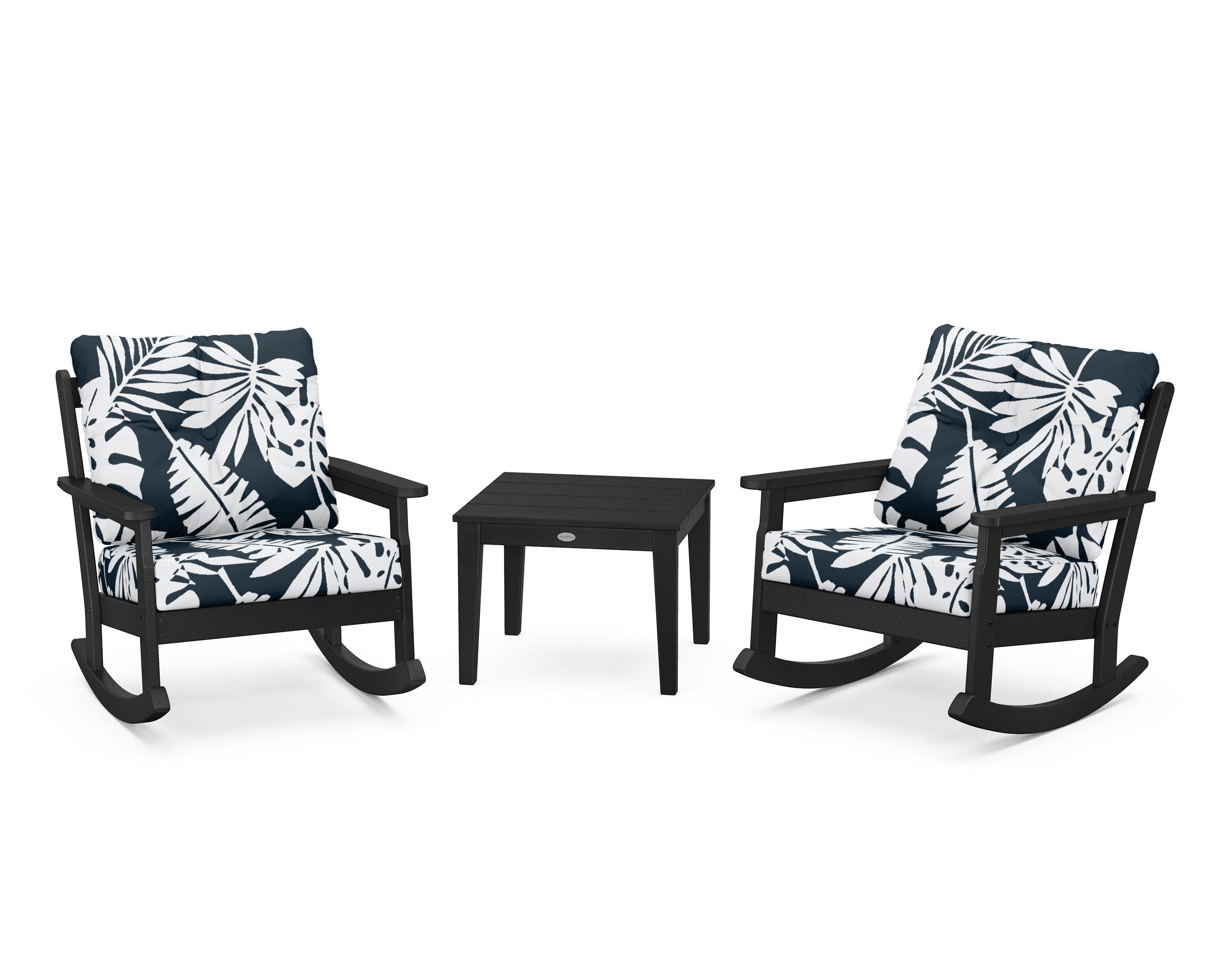 POLYWOOD® Vineyard 3-Piece Deep Seating Rocker Set in Black / Leaf Marine Indigo