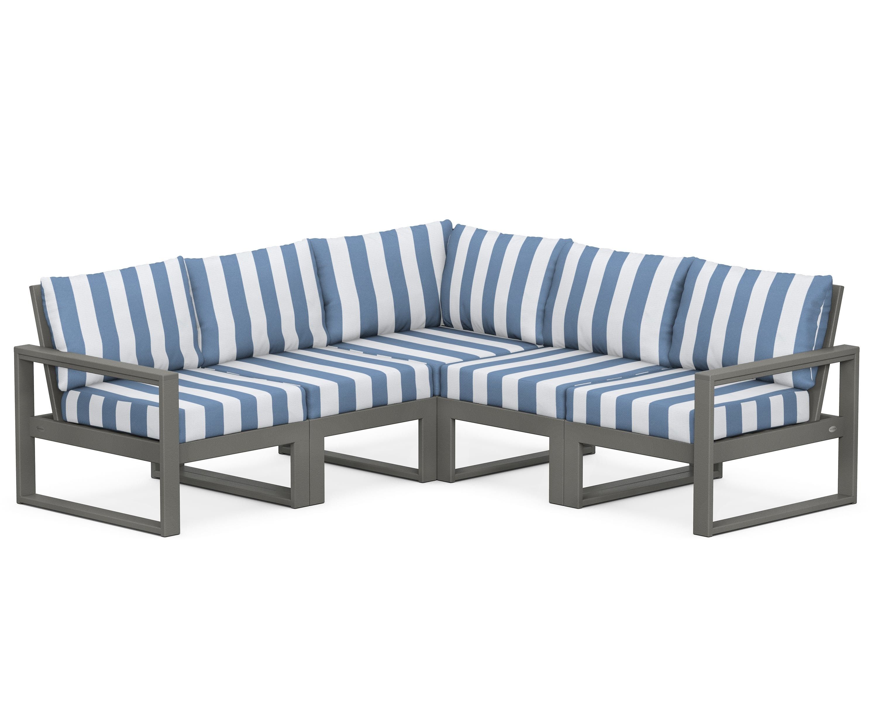 POLYWOOD® EDGE 5-Piece Modular Deep Seating Set in Slate Grey / Cabana Stripe Sky Blue