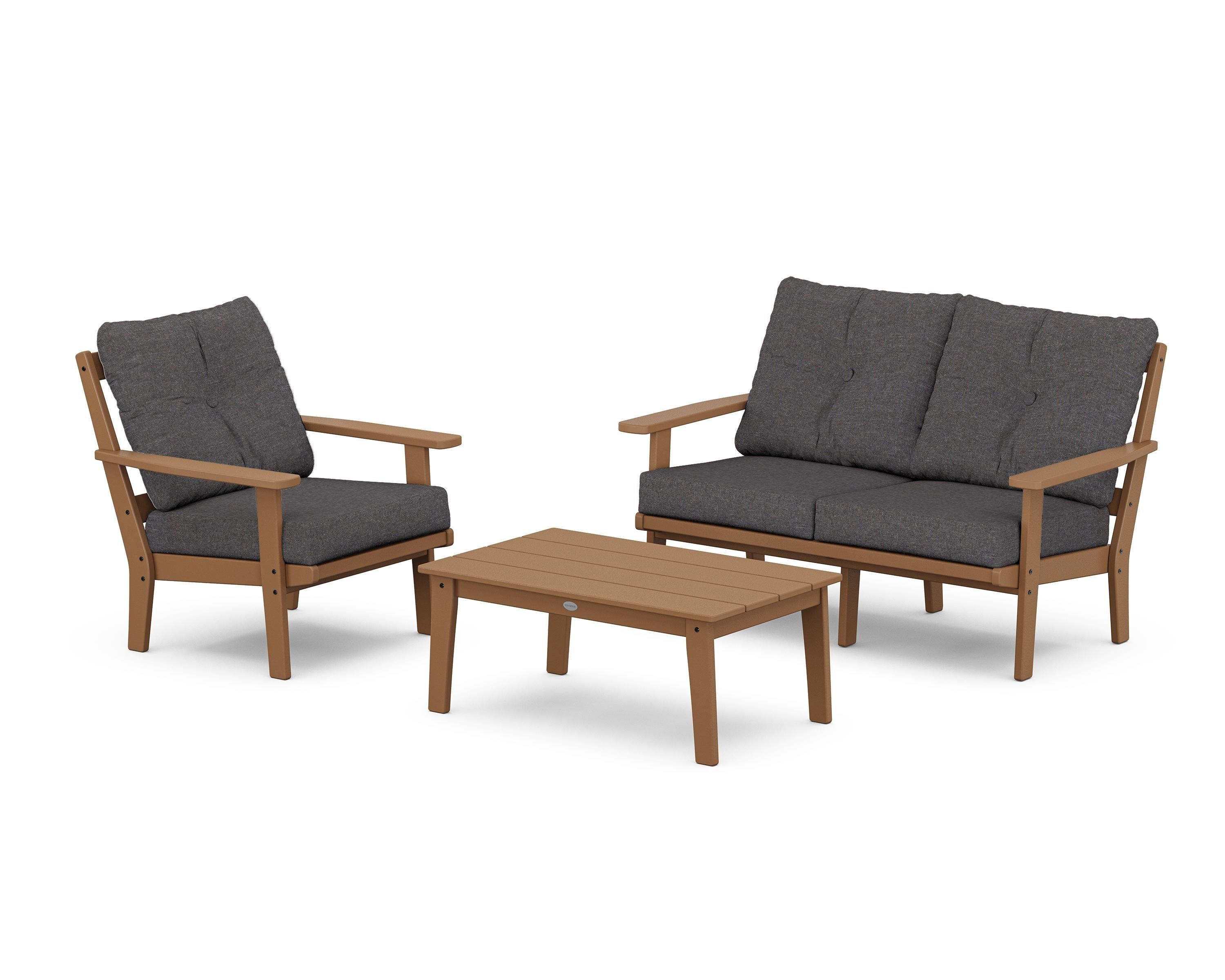 POLYWOOD® Prairie 3-Piece Deep Seating Set with Loveseat in Teak / Ash Charcoal