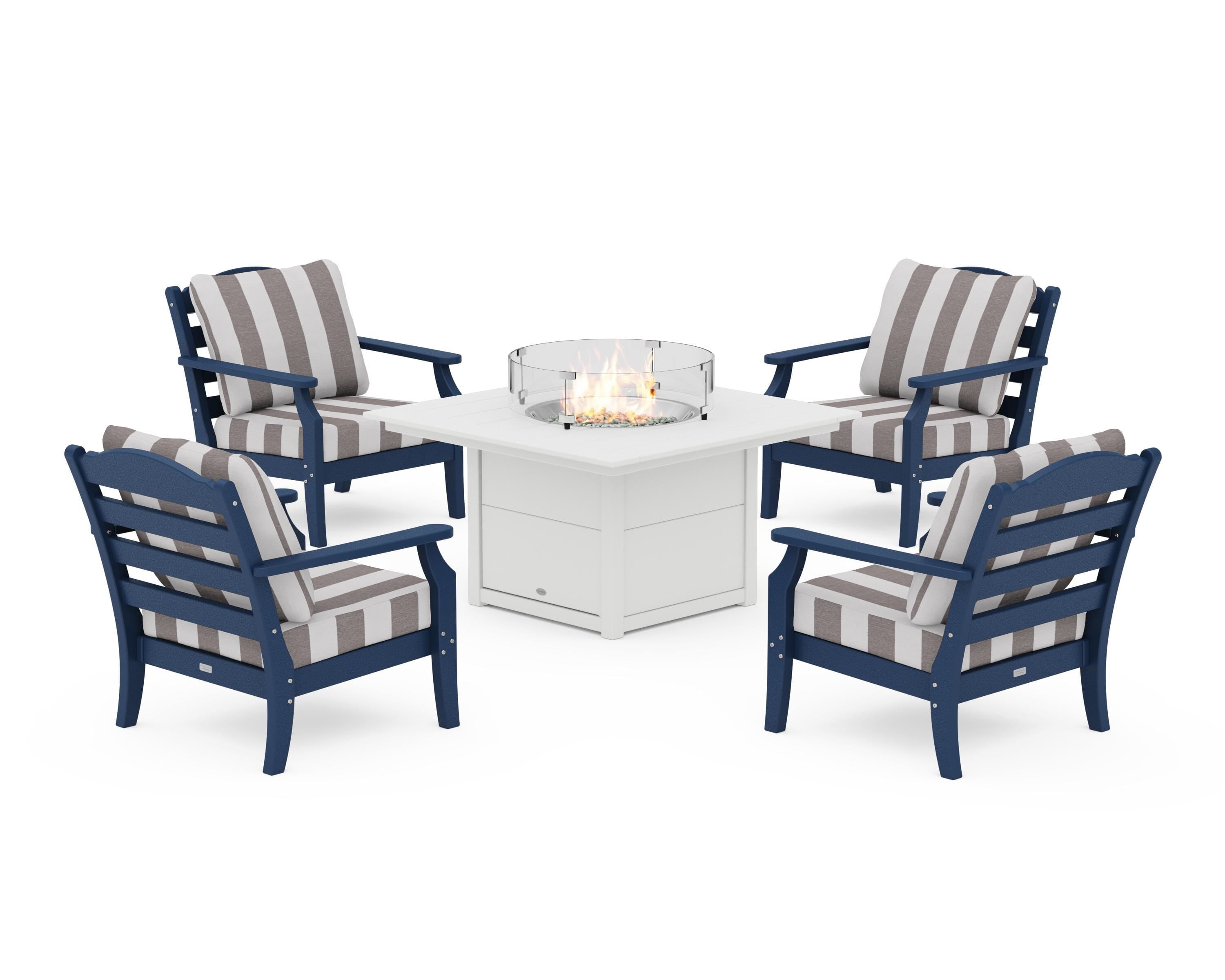 Draper James™ by  POLYWOOD® Savannah 5-Piece Deep Seating Set with Fire Pit Table in Navy / Cabana Stripe Grey Mist