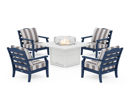Draper James™ by  POLYWOOD® Savannah 5-Piece Deep Seating Set with Fire Pit Table in Navy / Cabana Stripe Grey Mist