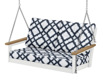 POLYWOOD® Vineyard Deep Seating Swing in White / Natural / Trellis Marine Indigo
