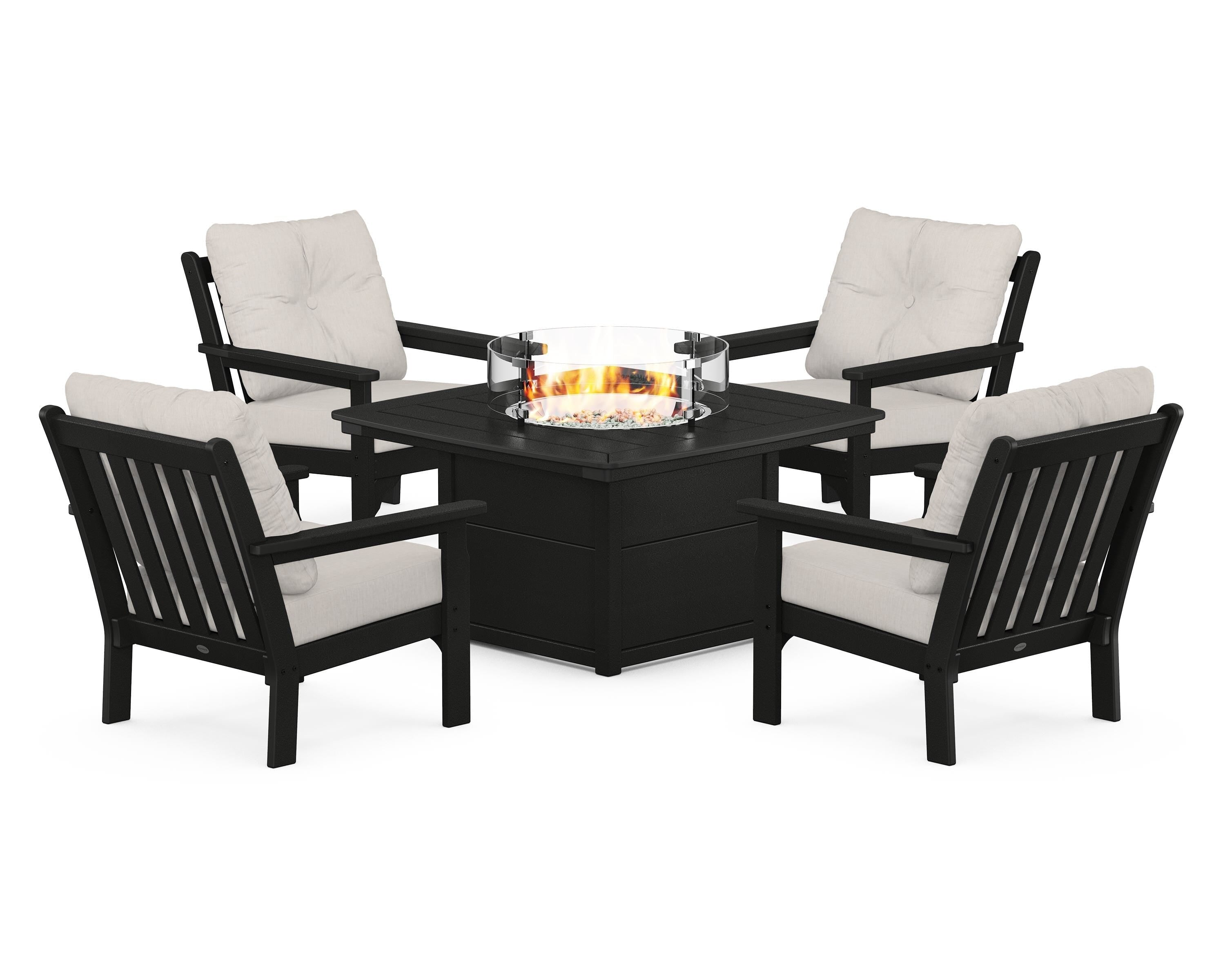 POLYWOOD® Vineyard 5-Piece Conversation Set with Fire Pit Table in Black / Cast Ash