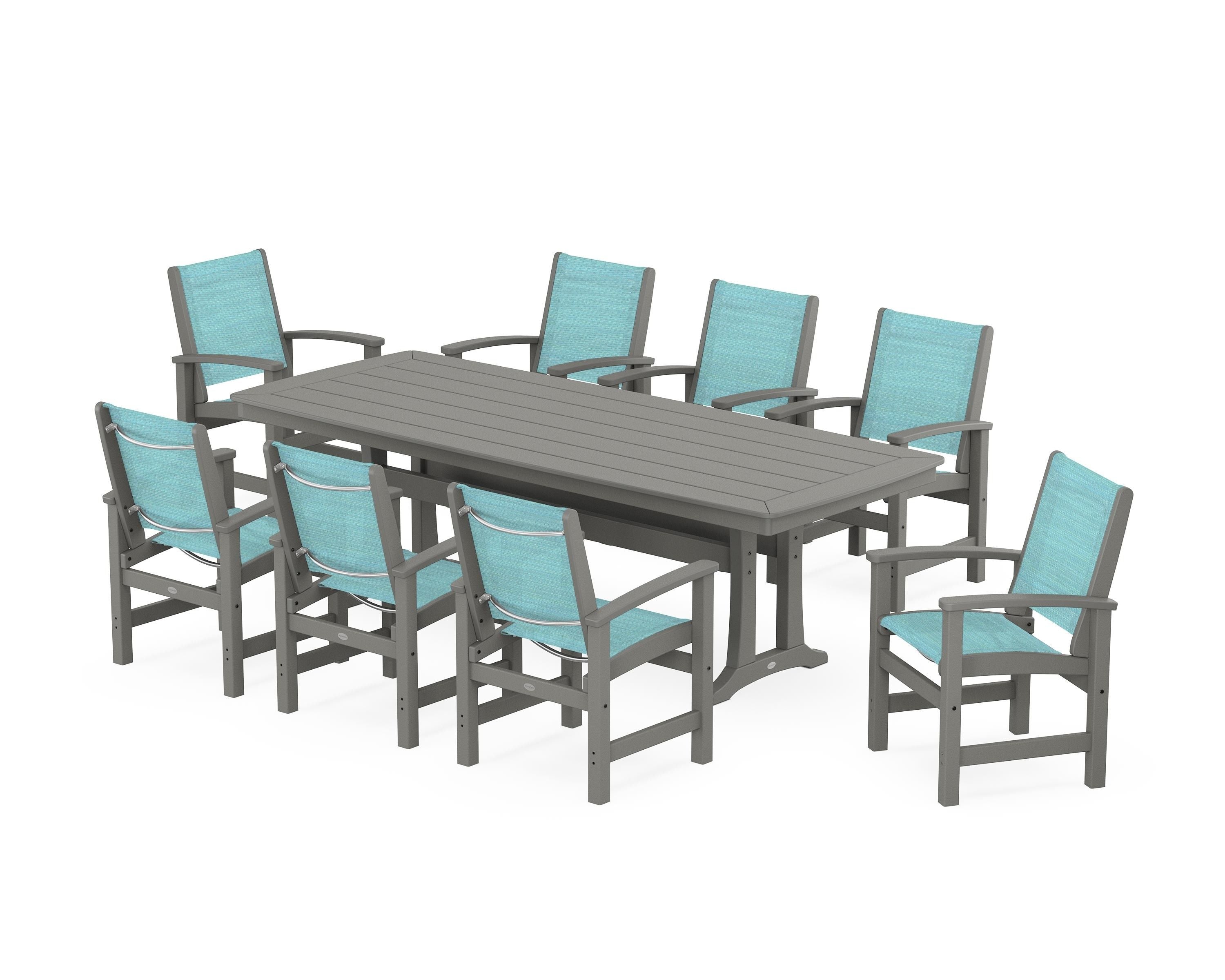 POLYWOOD® Coastal 9-Piece Dining Set with Trestle Legs in Slate Grey / Dupioni Aquamarine Sling