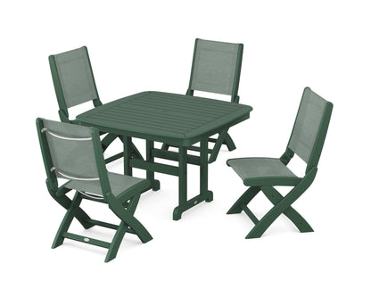 POLYWOOD® Coastal Folding Side Chair 5-Piece Dining Set in Green / Dupioni Sea Mist Sling