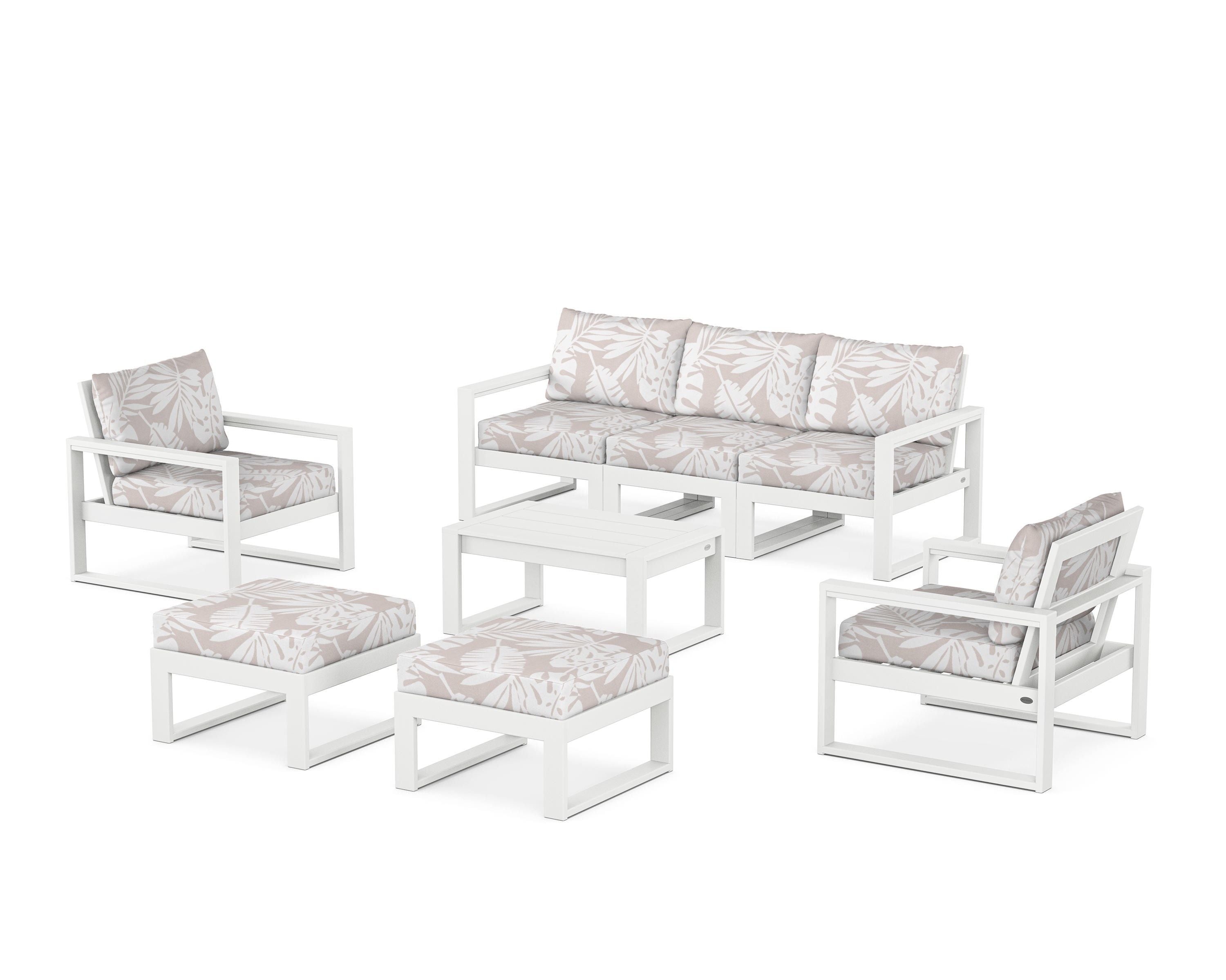 POLYWOOD® EDGE Sectional 8-Piece Lounge Sofa Set in White / Leaf Dune Burlap