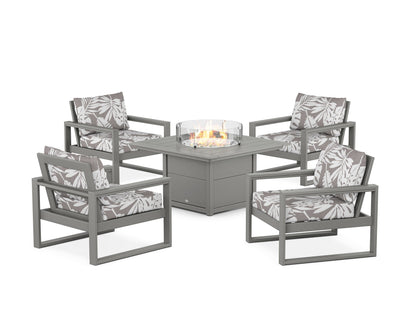 POLYWOOD® EDGE Sectional 5-Piece Deep Seating Set with Fire Pit Table in Slate Grey / Leaf Grey Mist