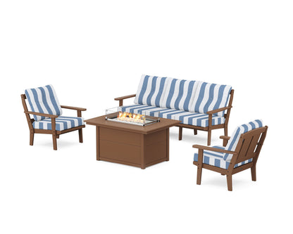 POLYWOOD® Mission Deep Seating Fire Pit Table Set in Teak / Cabana Stripe Sky Blue