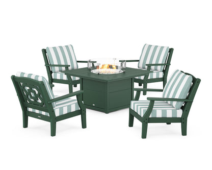 Martha Stewart by POLYWOOD® Chinoiserie 5-Piece Deep Seating Set with Fire Pit Table in Green / Cabana Stripe Glacier Spa