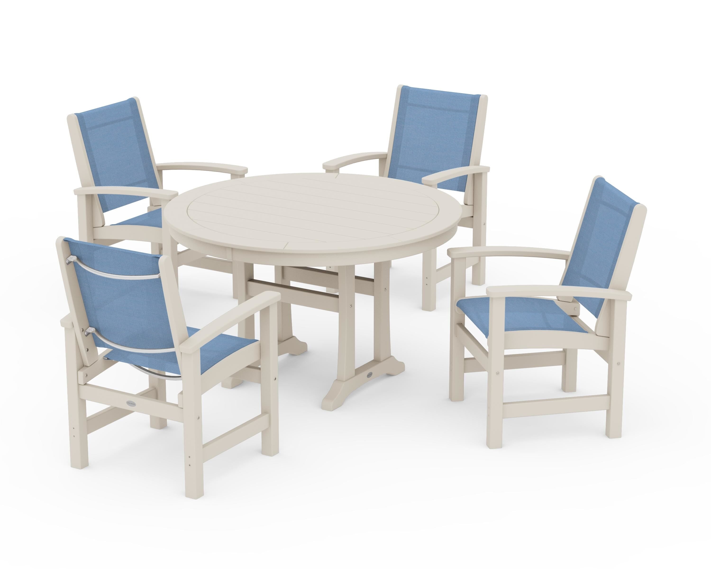 POLYWOOD® Coastal 5-Piece Round Dining Set with Trestle Legs in Sand / Poolside Sling