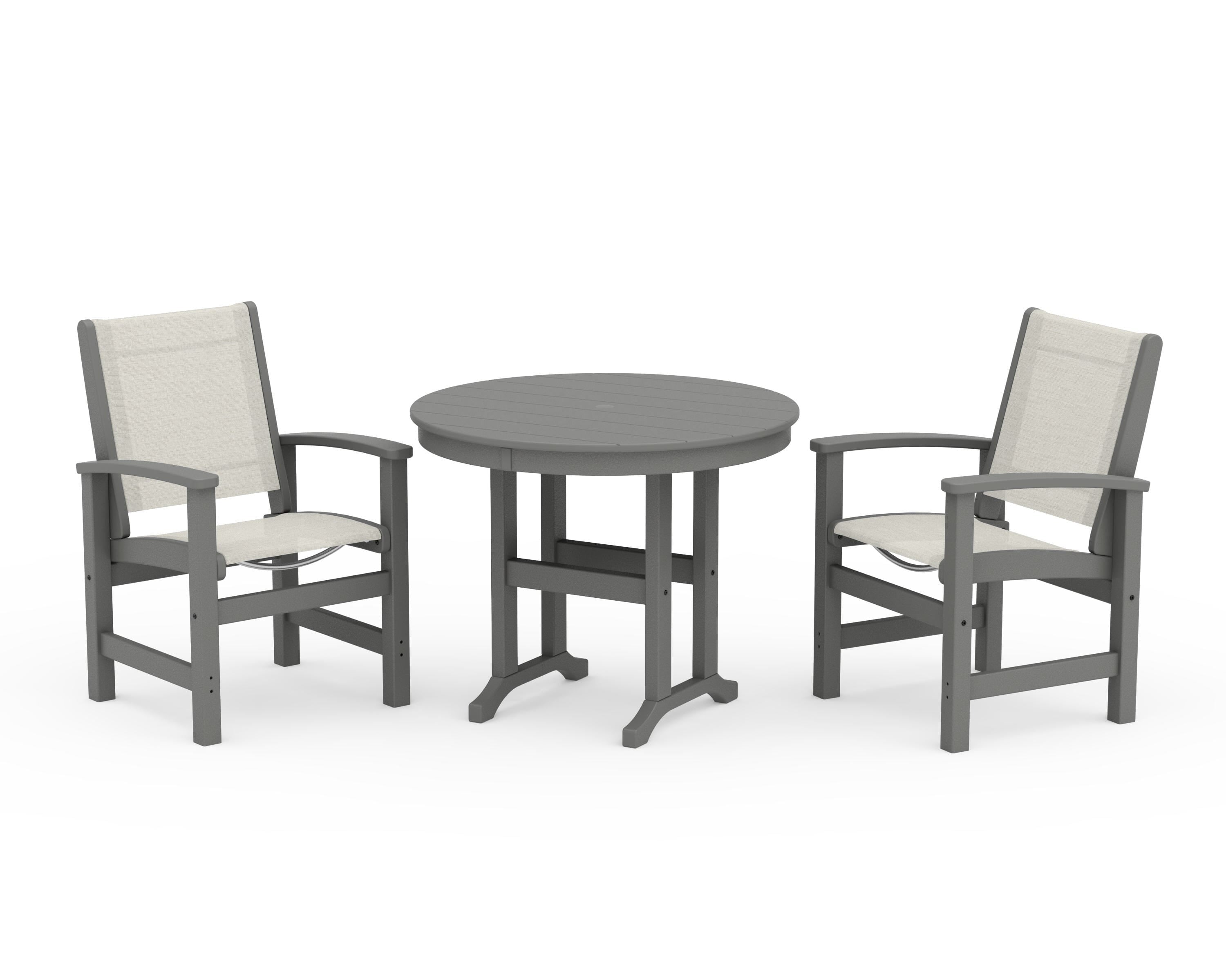 POLYWOOD® Coastal 3-Piece Round Dining Set in Slate Grey / Parchment Sling