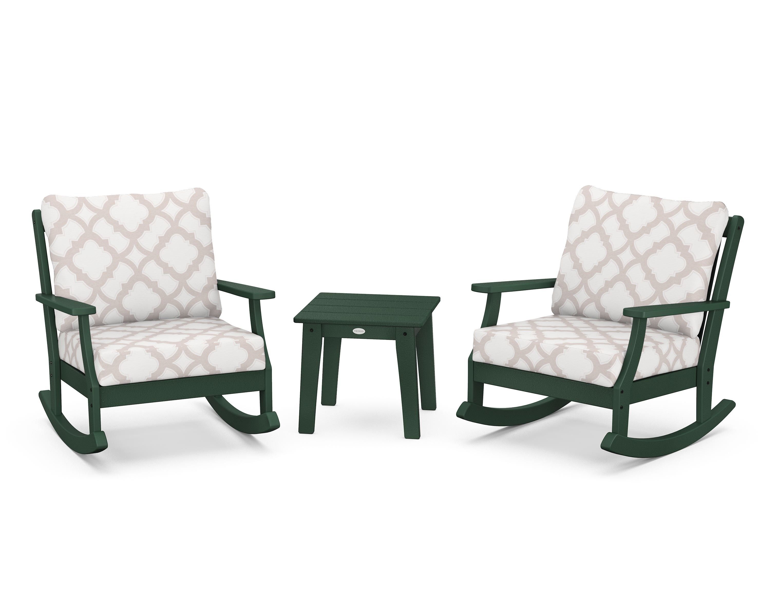 POLYWOOD® Braxton 3-Piece Deep Seating Rocker Set in Green / Trellis Dune Burlap
