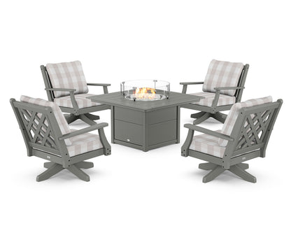 Country Living Wovendale 5-Piece Deep Seating Swivel Conversation Set with Fire Pit Table in Slate Grey / Buffalo Plaid Dune Burlap