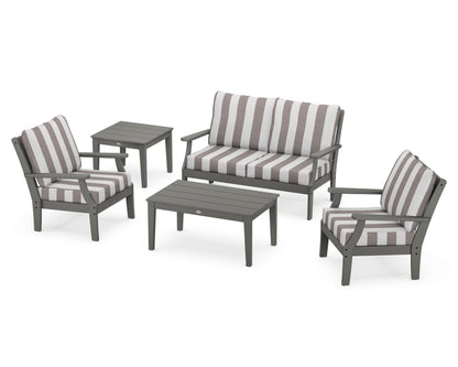 POLYWOOD® Braxton 5-Piece Deep Seating Set in Slate Grey / Cabana Stripe Grey Mist