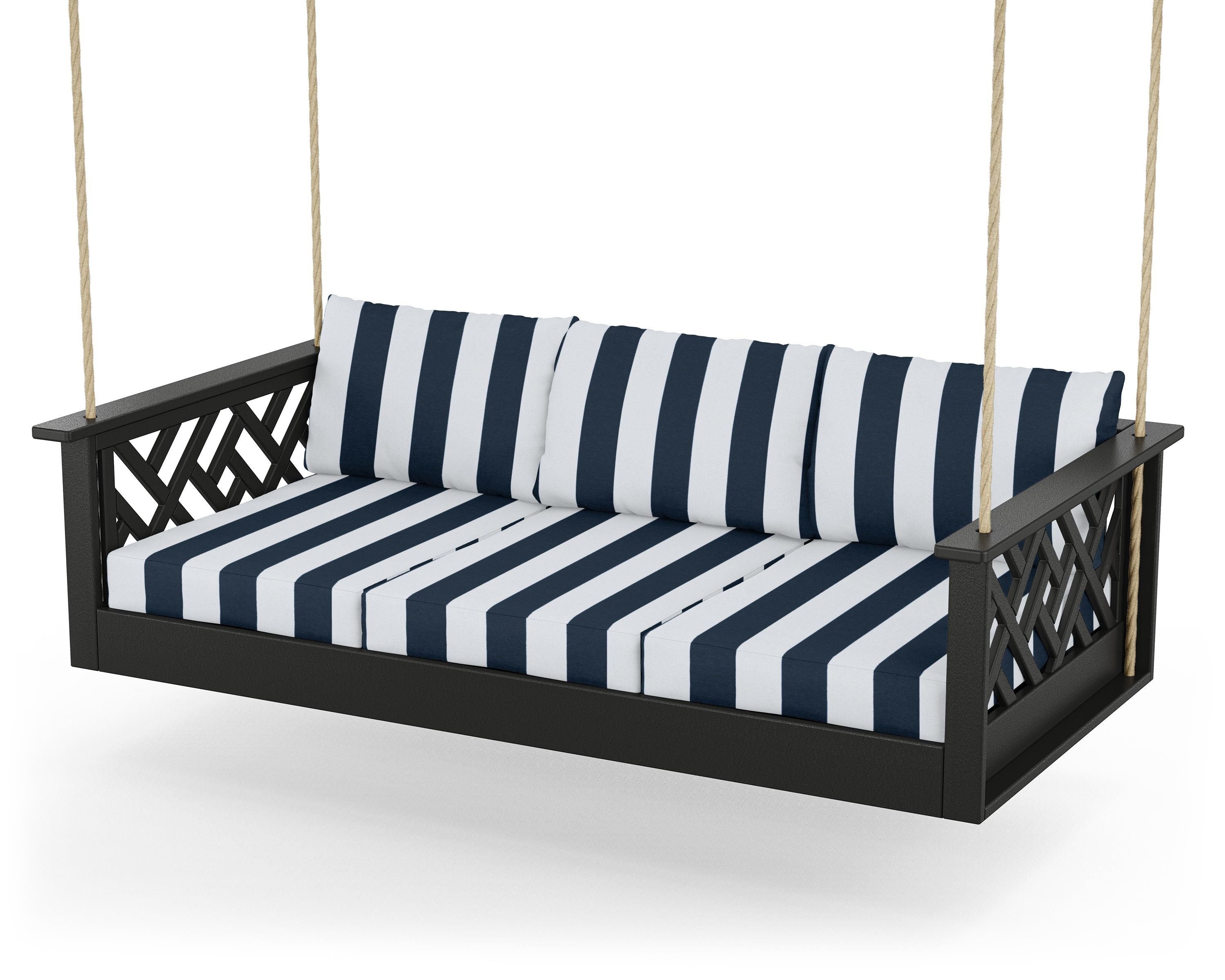 POLYWOOD® Chippendale Daybed Swing in Black / Cabana Stripe Marine Indigo