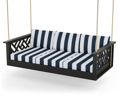 POLYWOOD® Chippendale Daybed Swing in Black / Cabana Stripe Marine Indigo