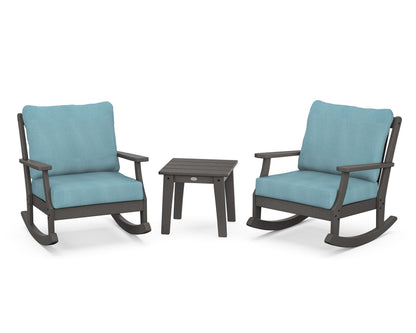 POLYWOOD® Braxton 3-Piece Deep Seating Rocker Set in Vintage Coffee / Lattice Sky Blue
