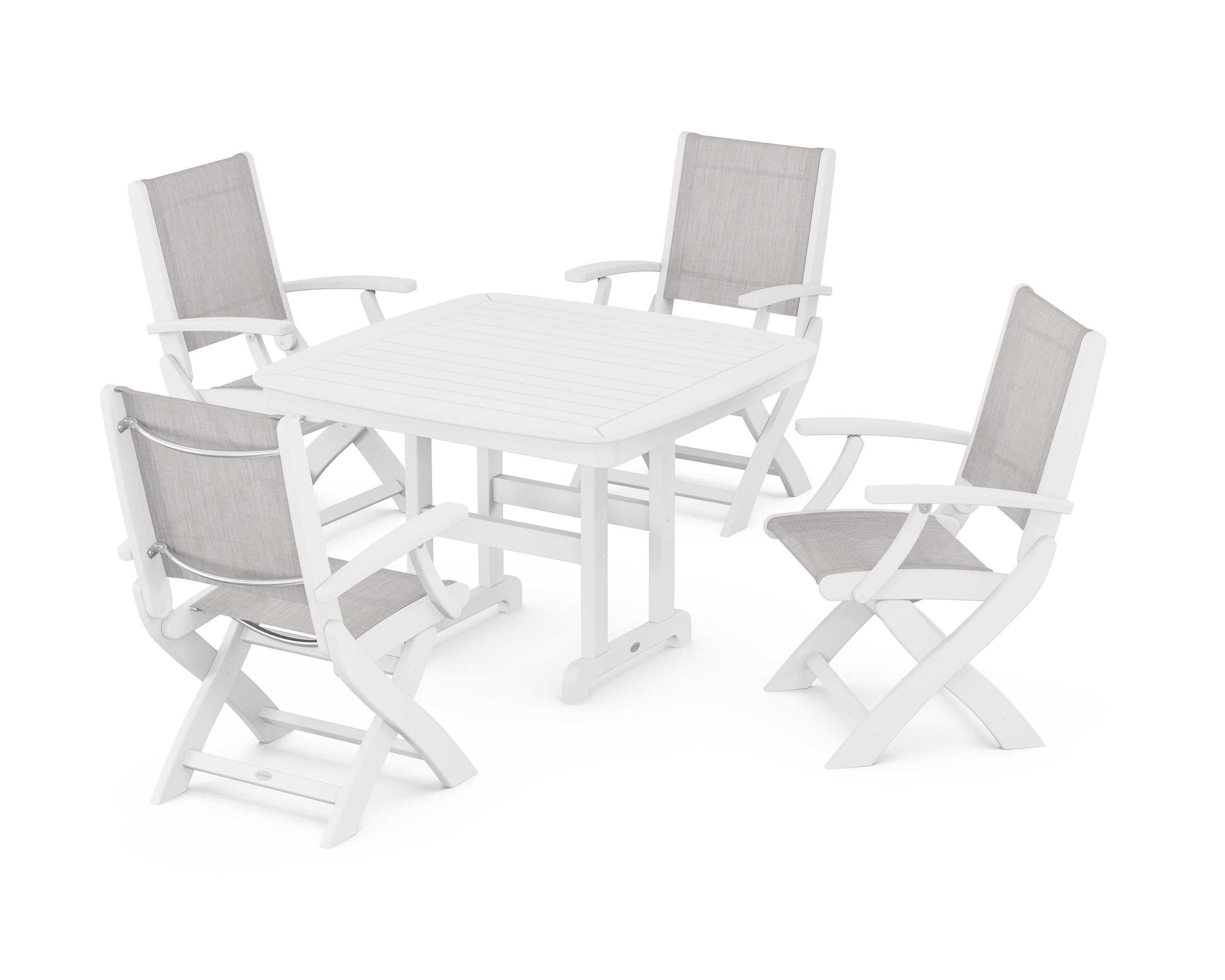 POLYWOOD® Coastal Folding Chair 5-Piece Dining Set in White / Parchment Sling