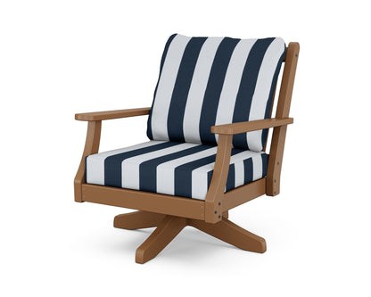 Country Living Wovendale Deep Seating Swivel Chair in Teak / Cabana Stripe Marine Indigo