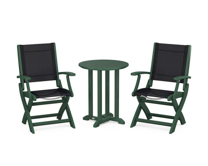 POLYWOOD® Coastal Folding 3-Piece Round Bistro Dining Set in Green / Black Sling