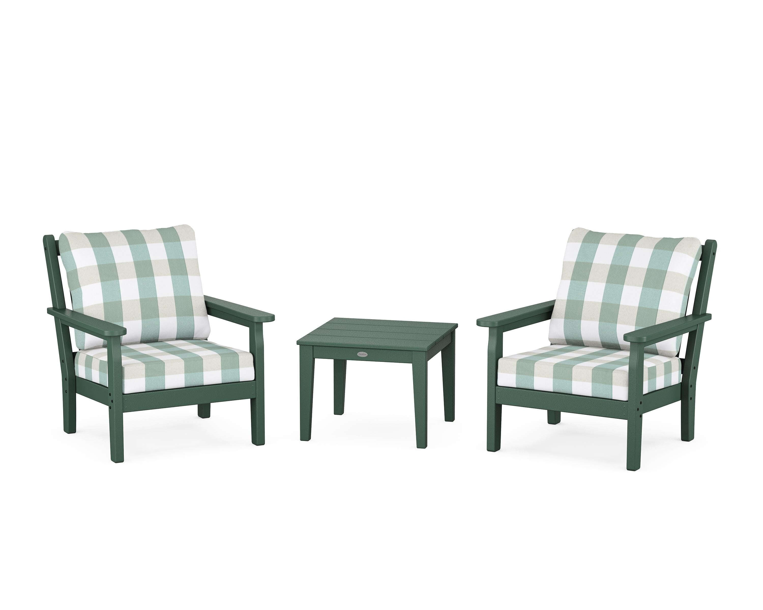 POLYWOOD® Chippendale 3-Piece Deep Seating Set in Green / Buffalo Plaid Glacier Spa