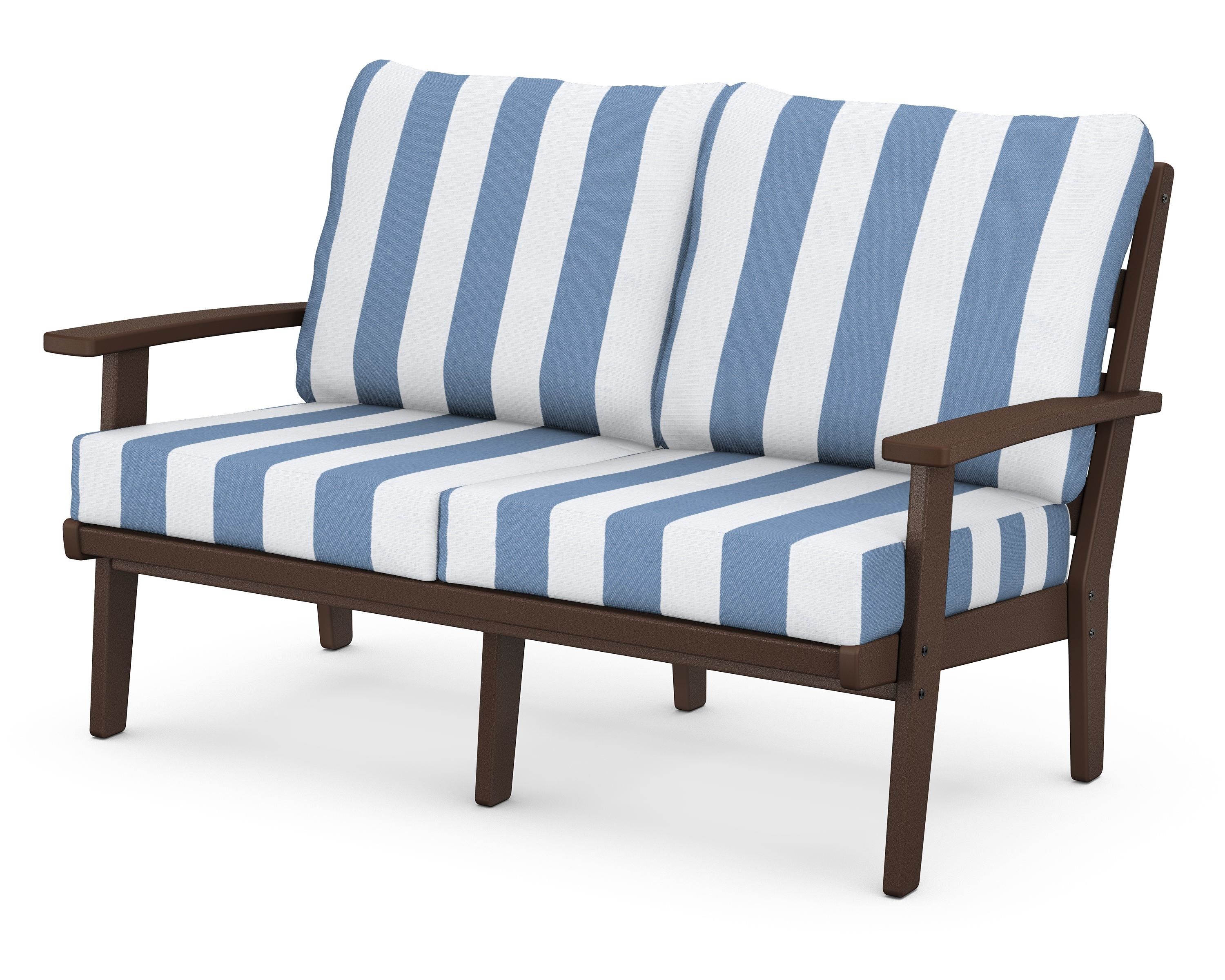 POLYWOOD® Grant Park Deep Seating Loveseat in Mahogany / Cabana Stripe Sky Blue