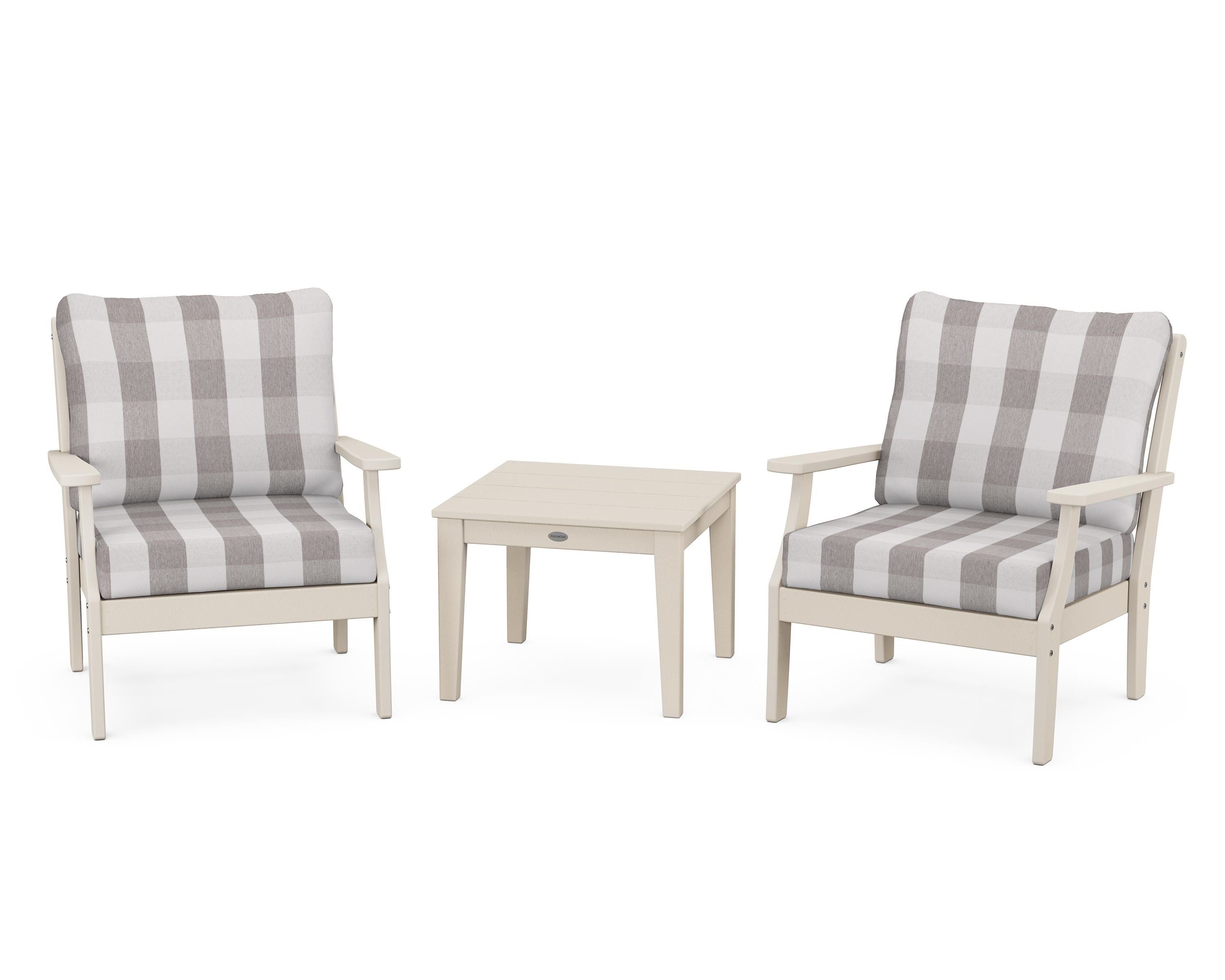 POLYWOOD® Braxton 3-Piece Deep Seating Set in Sand / Buffalo Plaid Grey Mist