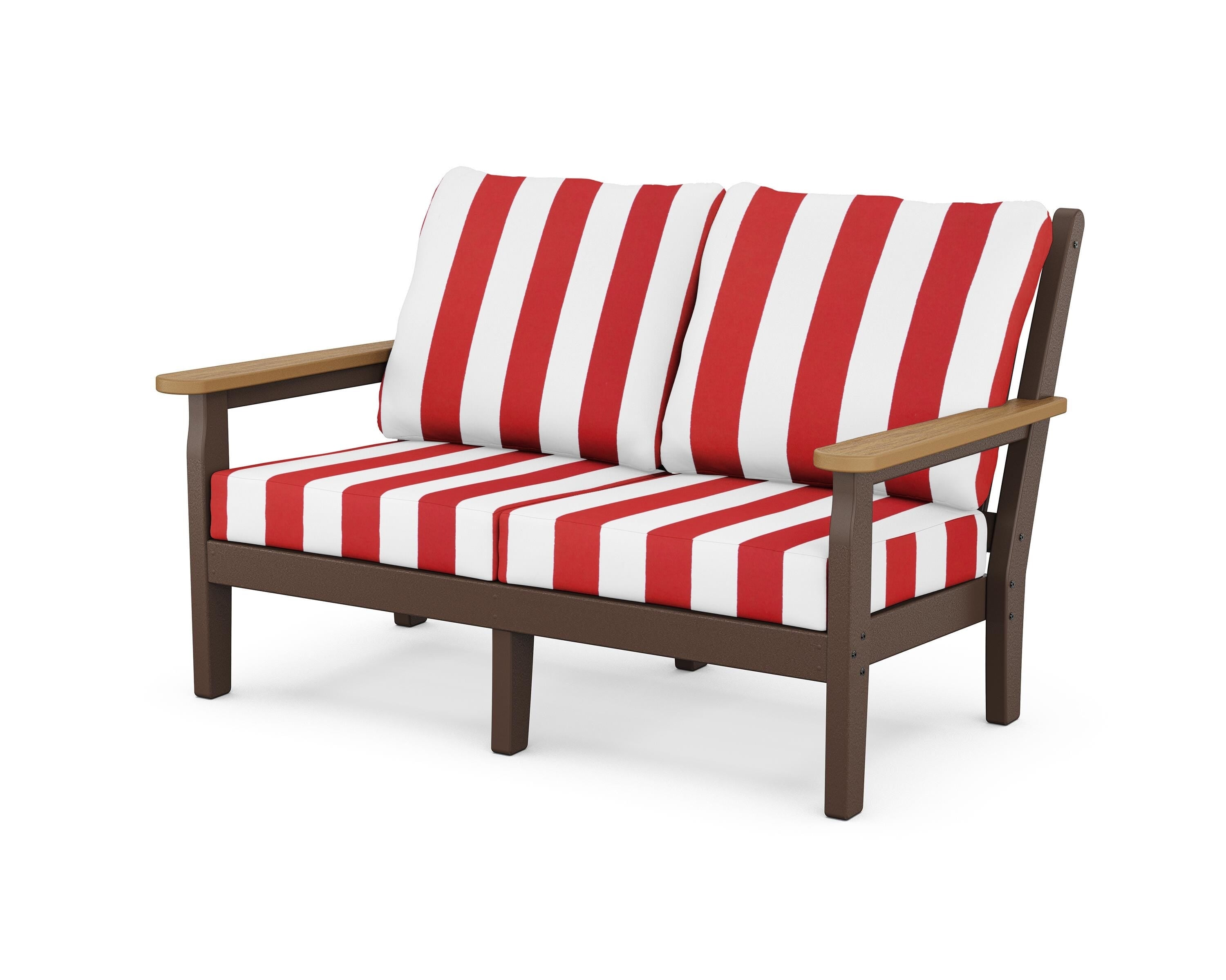 POLYWOOD® Chippendale Deep Seating Loveseat in Mahogany / Natural / Cabana Stripe Crimson