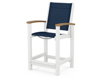 POLYWOOD® Coastal Counter Chair in White / Natural / Navy Blue Sling