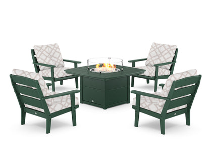 POLYWOOD® Lakeside 5-Piece Deep Seating Set with Nautical Fire Pit Table in Green / Trellis Dune Burlap